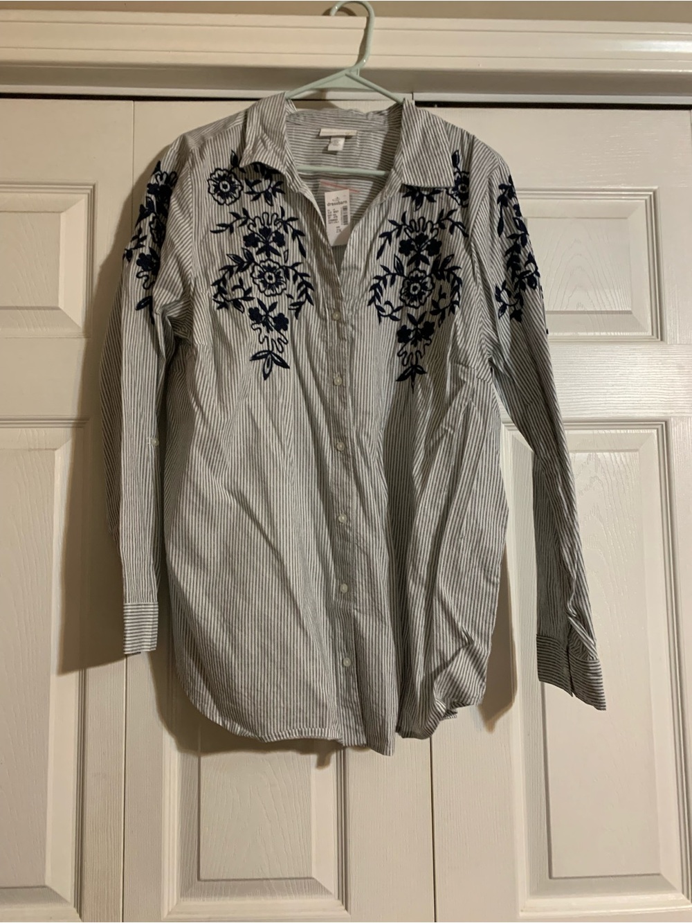 dressbarn Navy Embroidered Striped Button-Down Shirt